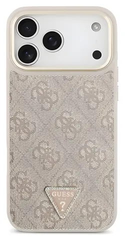 Guess PU Leather 4G Strass Triangle Logo Gold Frame růžová / Zadní kryt / MagSafe / iPhone 18 Pro