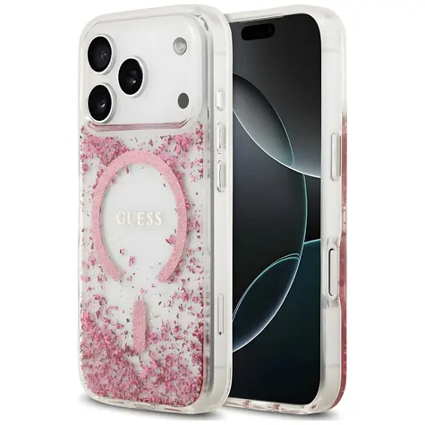 Guess Resin Bottom Glitter MagSafe růžová / Zadní kryt / iPhone 17 Pro / 18 Pro