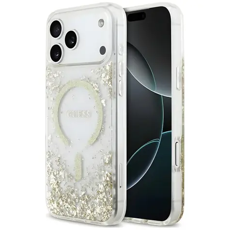 Guess Resin Bottom Glitter MagSafe zlatá / Zadní kryt / MagSafe / iPhone 18 Pro Max, 17 Pro Max