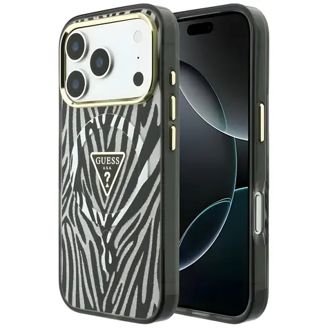 Guess IML Zebra Glitter Triangle Logo stříbrná / Zadní kryt / MagSafe / iPhone 17 Pro / 18 Pro