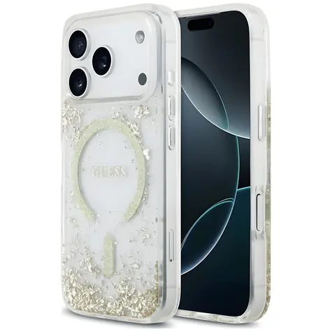 Guess Resin Bottom Glitter MagSafe zlatá / Zadní kryt / MagSafe / iPhone 18 Pro, 17 Pro