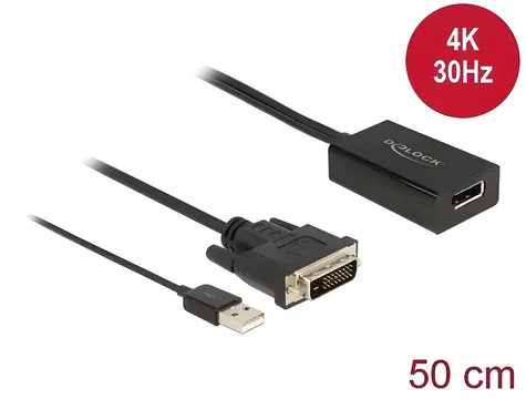 DeLock 63189 černá / Aktivní adaptér / DVI-D - DisplayPort / 4K 30 Hz / HDR / 0,5 m