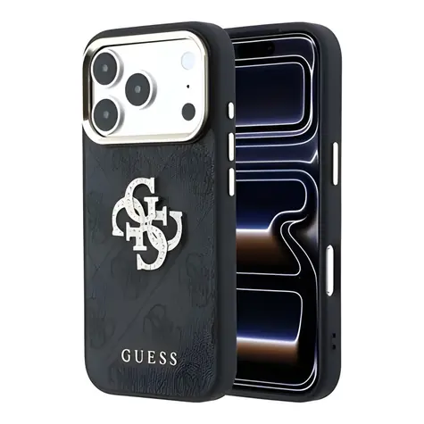 Guess PU 4G Strass Metal Logo iPhone 18 Pro černá / Zadní kryt / Umělá kůže / Kovové logo