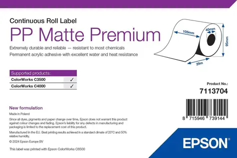 Epson PP Matte Label Premium 105 mm x 29 m / Etikety / Kontinuální role / voděodolné