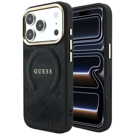 Guess Saffiano Peony & Ring černá / Zadní kryt / MagSafe / iPhone 17 Pro, 18 Pro