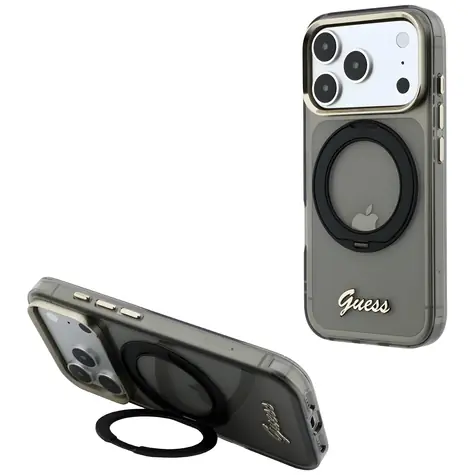 Guess IML Ring Stand 360 Script Metal MagSafe černá / Zadní kryt / iPhone 17/18 Pro / Otočný stojánek