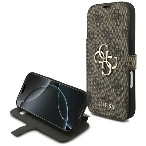 Guess Book 4G Metal Logo hnědá / Knížkové pouzdro / pro iPhone 18 Pro a 17 Pro / kovové logo