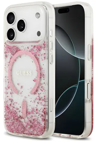 Guess Resin Bottom Glitter MagSafe růžová / Zadní kryt / MagSafe / iPhone 18 Pro Max, 17 Pro Max