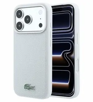 Lacoste Iconic Petit Pique světle šedá / Ochranný kryt / iPhone 18 Pro / MagSafe / PVC / Kovové logo