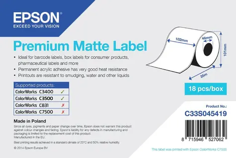 Epson Premium Matte Label 102 mm x 35 m / Etikety / Kontinuální role / matný povrch
