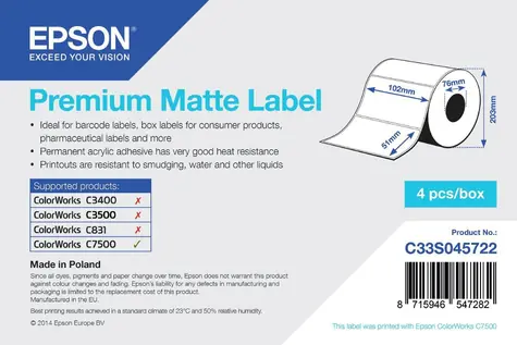 Epson Premium Matte Label 102x51 mm / Etikety / Die-cut role / 2310 ks / voděodolné