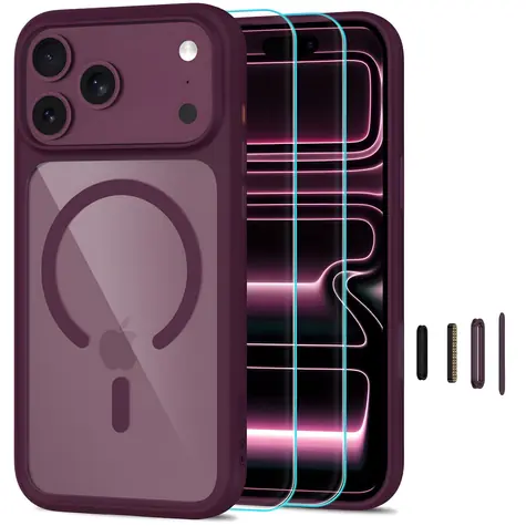 Tech-Protect MagOne CC transparentní bordová / Kryt + tvrzené sklo / Apple iPhone 17 Pro Max, 18 Pro Max / MagSafe
