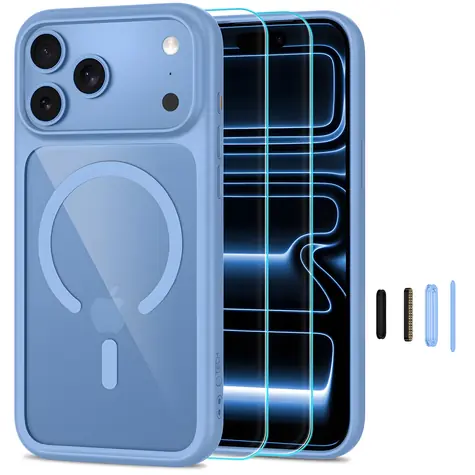 Tech-Protect MagOne CC transparentní modrá / Kryt + tvrzené sklo 2ks / Apple iPhone 17 Pro, 18 Pro / MagSafe