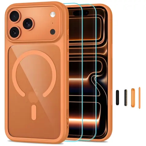 Tech-Protect MagOne CC transparentní oranžová / Kryt + tvrzené sklo / Apple iPhone 17 Pro Max, 18 Pro Max / MagSafe