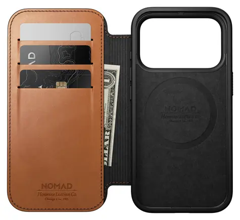 Nomad Modern Leather Folio saddle (Horween) / Pouzdro / Apple iPhone 18 Pro, 17 Pro / MagSafe, Qi2