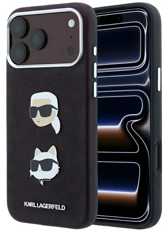 Karl Lagerfeld Saffiano Karl & Choupette Heads Pins & Logo bordová / Zadní kryt / iPhone 18 Pro a 17 Pro
