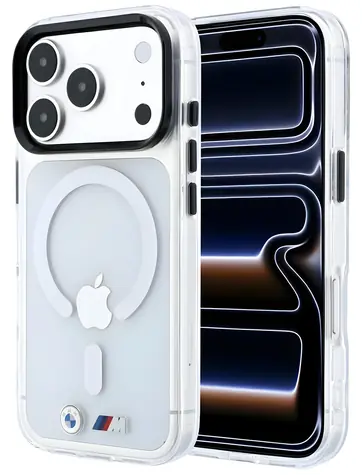 BMW M IML Glossy Metal Logo & Trims / Pouzdro / MagSafe / iPhone 17 Pro / 18 Pro / transparentní