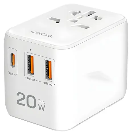 LogiLink Slim nabíječka bílá / Nabíječka / GaN / 20 W / 2x USB-A QC / USB-C PD / 3 porty