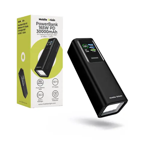 Mobile Origin PB17 vesmírně šedá / Powerbanka / 30 000 mAh / TFT displej / Svítilna / 165 W / 2x USB-C + USB-A