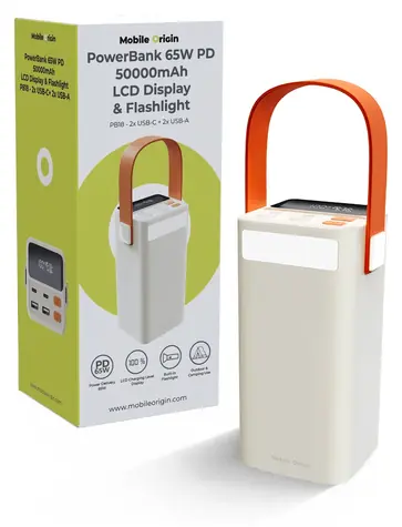 Mobile Origin PB18 béžová / Powerbanka / 50 000 mAh / 65 W PD / LCD displej / svítilna
