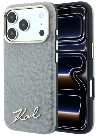 Karl Lagerfeld Saffiano Small Script Metal Logo MagSafe béžová / Zadní kryt / MagSafe / iPhone 17 Pro Max, 18 Pro Max