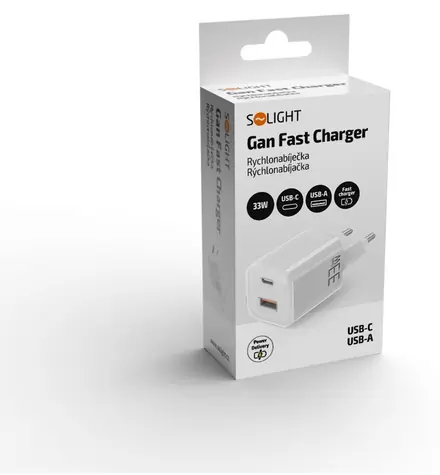 Solight GaN nabíječka USB-A + USB-C bílá / Nabíječka / 33 W / PD 3.0, PPS / QC 2.0-4.0