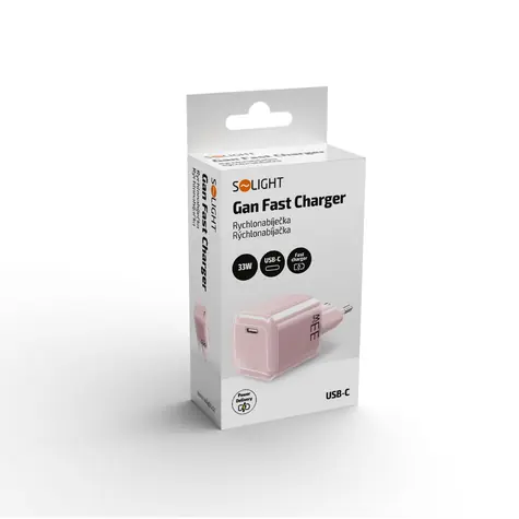 Solight GaN USB-C nabíječka 33W růžová / Nabíječka / Power Delivery 3.0 / Quick Charge 4+