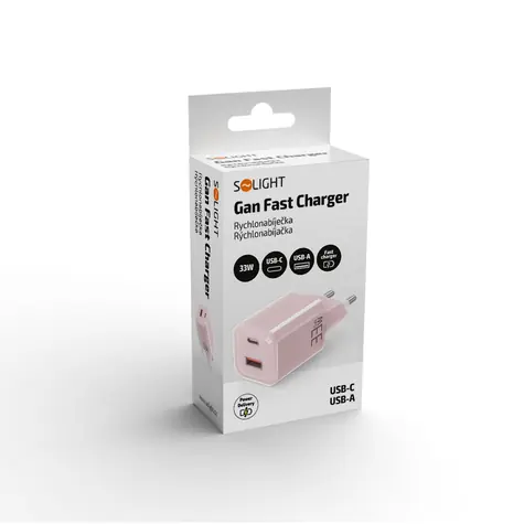 Solight GaN nabíječka 33W USB-A + USB-C růžová / Nabíječka / USB-C + USB-A / PD 3.0, PPS, QC 4+ / GaN