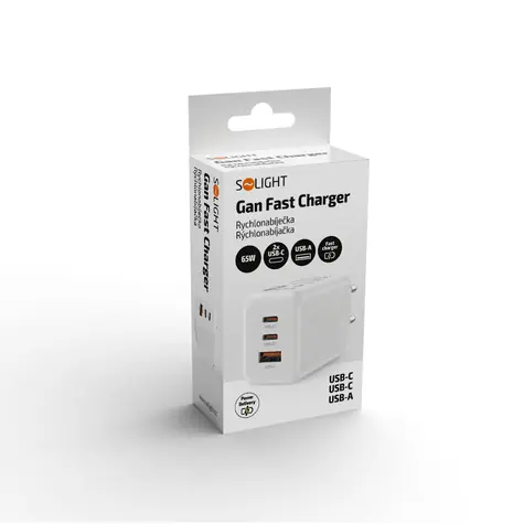 Solight 65W GaN nabíječka USB-A + 2x USB-C / Nabíječka / GaN / Power Delivery 3.0 / Quick Charge 3.0