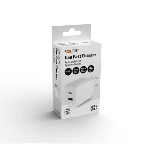 Solight 45W GaN nabíječka USB-A + USB-C / Nabíječka / Power Delivery 3.0 / Quick Charge 4+ / bílá