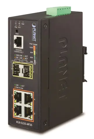 Planet IGS-5225-4P2S / Switch průmyslový / L3 / 4x 1Gb RJ-45 / 2x 1Gb SFP / 4x PoE 802.3at 144W / -40 až 75°C / IP40
