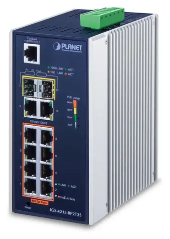 Planet IGS-4215-8P2T2S / Switch průmyslový / L2/L4 Managed / 8x GbE PoE+ / 2x GbE / 2x SFP / IP30