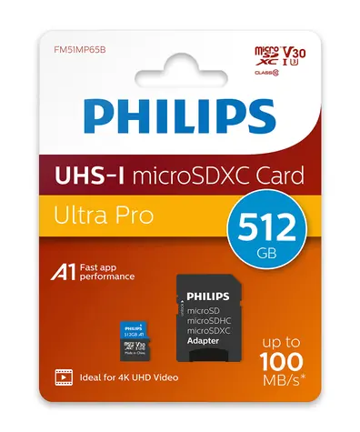 Philips microSDXC 512 GB + adaptér / Paměťová karta / Class 10 / UHS-I U3 / V30 / čtení 100 MB/s