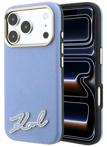 Karl Lagerfeld Grained with Resin Signature Logo světle modrá / Zadní kryt / MagSafe / iPhone 17 Pro Max, 18 Pro Max