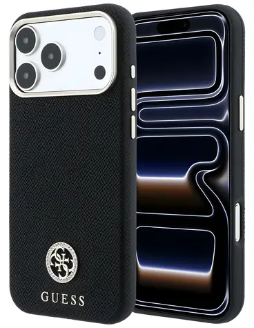 Guess Grained Round Strass Logo MagSafe černá / Zadní kryt / MagSafe / iPhone 17 Pro i 18 Pro