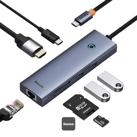 Baseus UltraJoy 100W šedá / Dokovací stanice 7v1 / USB-C PD / 2x USB 3.0 / HDMI 4K 60Hz / RJ45 / SD/microSD slot