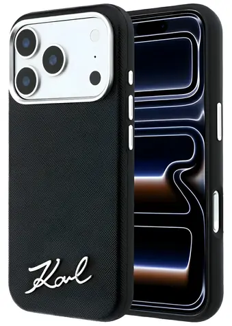 Karl Lagerfeld Saffiano Small Script Metal Logo MagSafe černá / Zadní kryt / MagSafe / iPhone 17/18 Pro