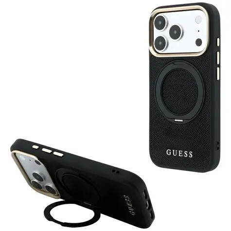 Guess Ring Stand 360 Grained Classic Logo černá / Zadní kryt / MagSafe / Apple iPhone 18 Pro Max, 17 Pro Max