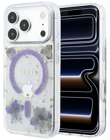 Guess Resin Flowers Glitter MagSafe fialová / Zadní kryt / MagSafe / iPhone 18 Pro, 17 Pro