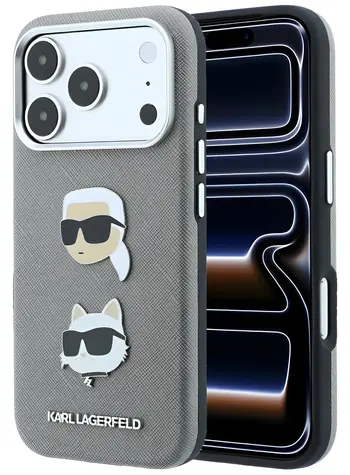 Karl Lagerfeld Saffiano Karl & Choupette Heads Pins & Logo šedá / Zadní kryt / iPhone 18 Pro a 17 Pro