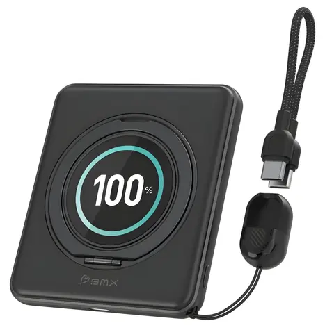 BMX SolidSafe™ Duo 5K Qi2 bezdrátová magnetická powerbanka černá / 5000 mAh / 20W / 360° stojánek / LCD displej