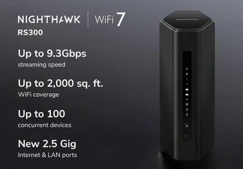 Netgear Nighthawk RS300 černá / Router / Wi-Fi 7 (802.11be) / 9300 Mbit/s / 5x GbE LAN / USB 3.2 Gen2