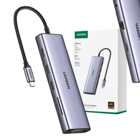 UGREEN 15601 USB-C Multifunkční adaptér / 3x USB-A / 1x USB-C / 1x HDMI / 1x VGA / 1x Ethernet / 1x 3.5mm jack / 1x SD s
