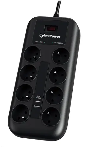 CyberPower P0820SUF0-FR černá / Přepěťová ochrana / 8 zásuvek / vypínač / 2x USB / 1.8 m