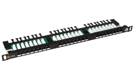 Solarix SX24HD-5E-UTP-BK patch panel 24x RJ45 CAT5E UTP s vyvazovací lištou / 0.5U / černá