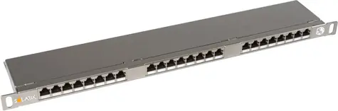 Solarix patch panel 24x RJ45 CAT5E STP s vyvazovací lištou / 0.5U / šedá