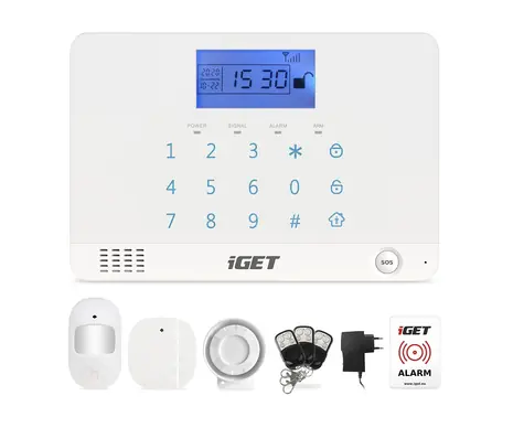 iGET SECURITY M3B Zabezpečovací jednotka / 1x pohybové čidlo / 1x dveřní-okenní čidlo / dotyková klávesnice / LCD