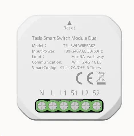 Tesla Smart Switch Module Dual / Chytré relé / Wi-Fi 2.4 GHz