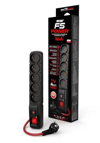 Acar F5 typ E 10m kabel / přepěťová ochrana / 16A / 2300 W / 5 zásuvek (typ E)