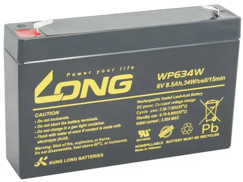 Long 6V 8.5Ah olověný akumulátor F2 pro UPS (WP634W) / 6V / 8.5Ah / HighRate / Konektory: F2 / Elektrolyt: AGM